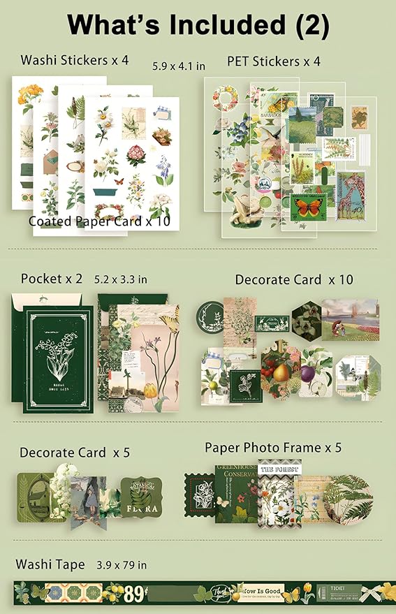 YagCu Botanical Scrapbooking Kit, Vintage Junk Journal Supplies for Adult, Green Large Collection Journal and Scrapbook Set, Journaling Materials, Arts Craft Beginner Stationery