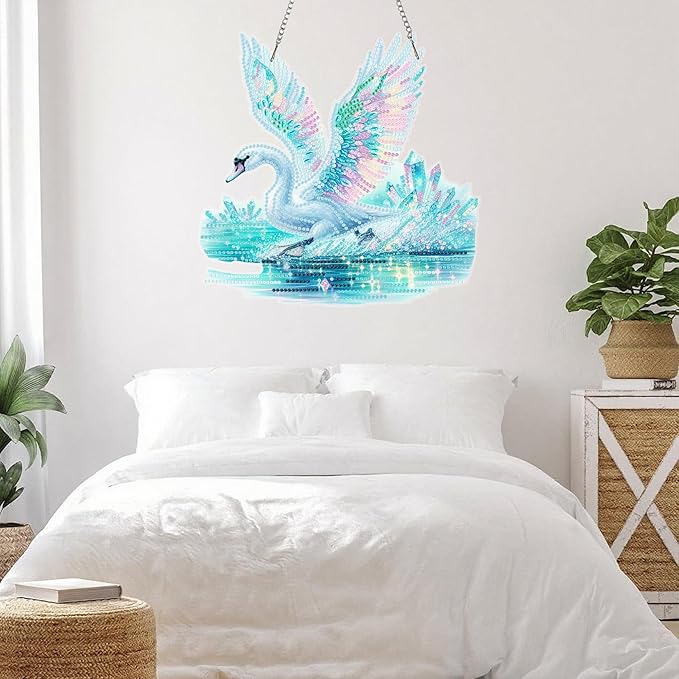 Ristpal Diamond Art Hanging Kits for Adult, Special Shaped Rhinestone, DIY Acrylic Diamond Art Painting Window Pendants Home Garden Wall Hanging Kits for Home Decor and Gifts (Swans)