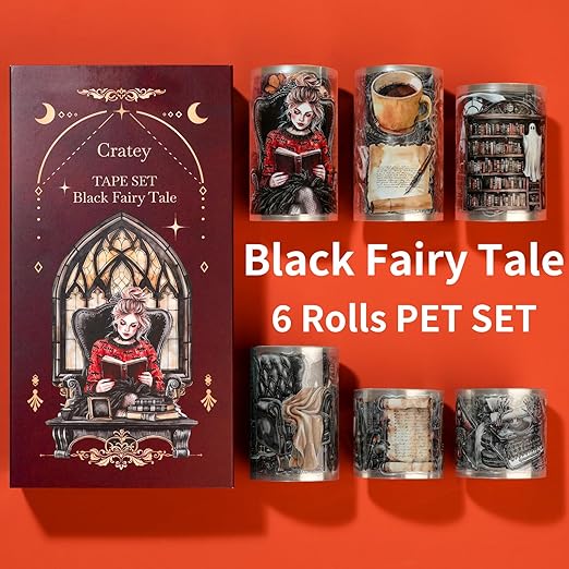 6 Roll Pre-Cut Wide Black Magic PET Washi Tape Set - Vibrant Fairy Tale for Scrapbooking, Journaling, and Crafting - Decorative Stickers for Girls, Planner Arts, and Collage