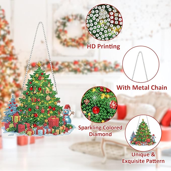 SENQAO Christmas Diamond Art Hanging Kits for Adults Kids, Christmas Tree Diamond Art Suncatchers, 5D Special Shape Diamond Painting Pendant Window Ornament Gifts for Home Door Wall Decor