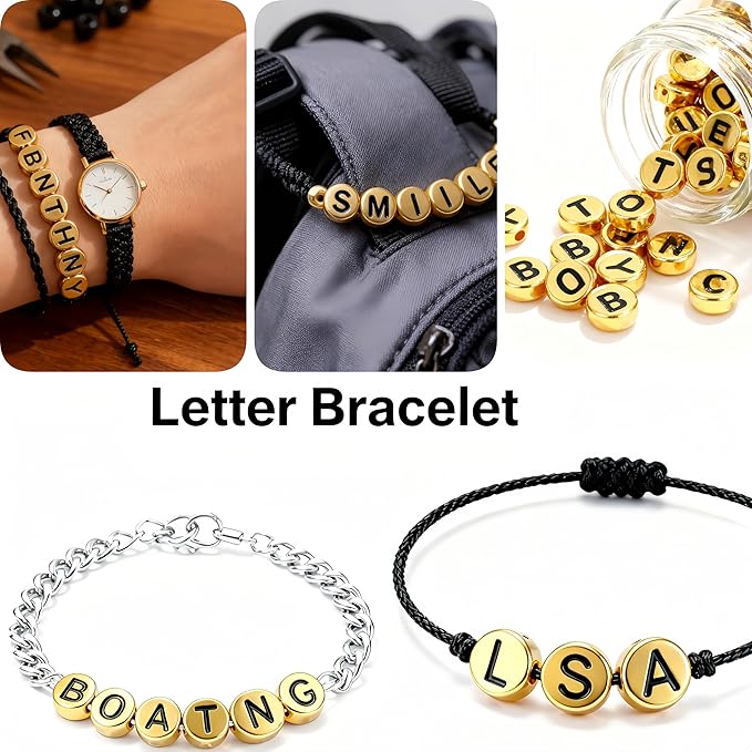 nikkiGuo 1250 PCS Letter Beads Kit with Elastic Cord – Alphabet A–Z, Numbers, Heart, Moon, Star, Smiley Beads for Friendship Bracelets & DIY Jewelry (Golden Beats & Black Letters)