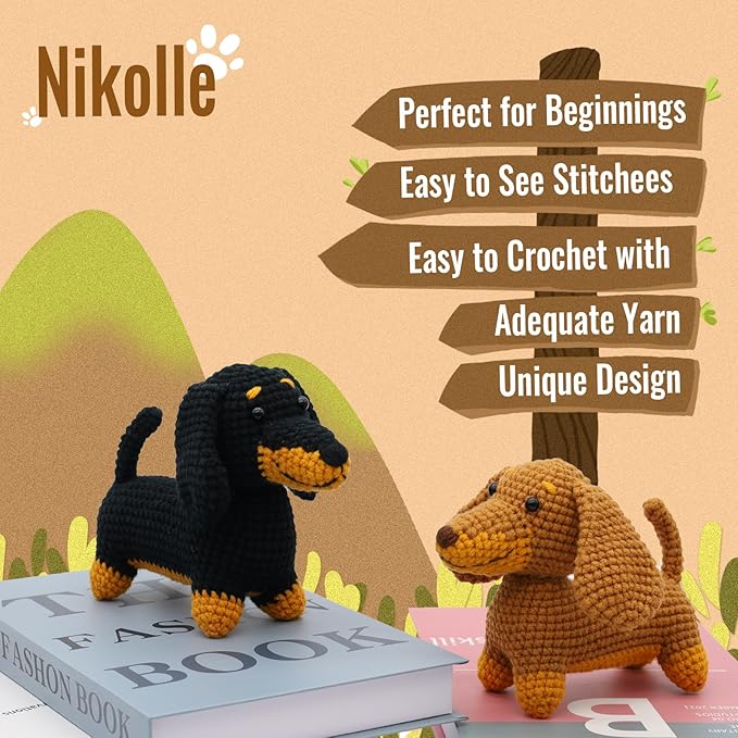Nikolle Crochet Kit for Beginners with Step-by-Step Video Tutorials Crochet Animal Kit Crochet Starter Kits for Adults Kids - Dachshund(Brown)