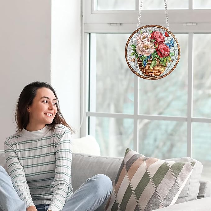 Yomiie Hanging Diamond Art Ornament Kits– DIY Double Sided Acrylic Sun Catcher with Flowers, Front Door Sign & Porch Decor, Crystal Diamond Painting Pendant for Home, Garden, Windows (8x8 inch)