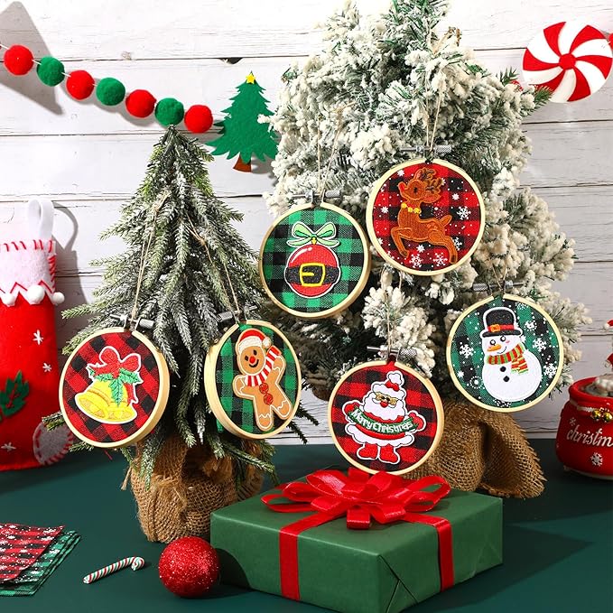 FEBSNOW 12 Pieces Christmas Embroidery Ornament Kit, Including 3 Inch Embroidery Hoops, Self Adhesive Christmas Patches and 5 Inch Squares Plaid Fabric for DIY Holiday Xmas Party Decoration