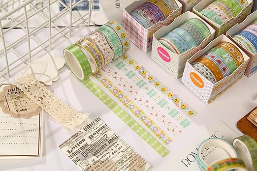 60 Rolls Cute Washi Tape Pack Basic Mini Adhesive Tapes Stars, Plaids, Florals, Grids & Dots Patterns Decorative Masking Tape Sets for Craft, Kids, Scrapbook, DIY, Gift Wrapping (Kawaii)