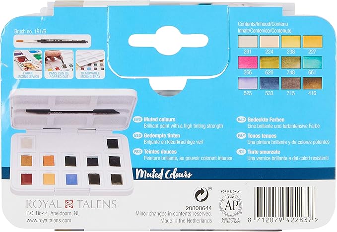 Van Gogh Watercolor Paint Set, Plastic Pocketbox, 12-Half Pan Muted Colors Selection