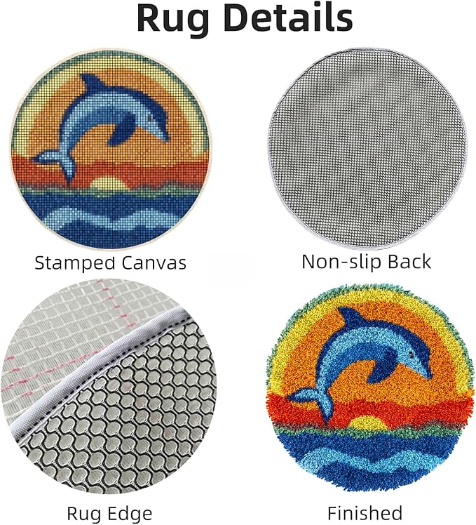 Latch Hook Rug Kit Dolphin Jumping Under Sunset Easy for Beginners Round Shape Carpet Crochet Yarn Craft Mini Rug DIY Hook and Latch Little Tapestry for Home Decor 30x30cm-3