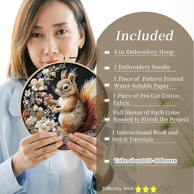FONNUY Funny Squirrel Floral Embroidery Kit, Cross Stitch Kits for Beginners, Handmade Crafts with Printed Patterns for Beginner Adults, Easy to Follow Color Thread Needlework, 8'' Hoop (Clever)