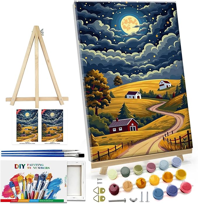 ATDMS Paint by Numbers Kit for Adults with Frame Landscape Paint by Number with Easel Moon Adult Paint by Number Kits Framed Canvas DIY Mountain Acrylic Oil Painting kits for Home Wall Decor 8x12 Inch