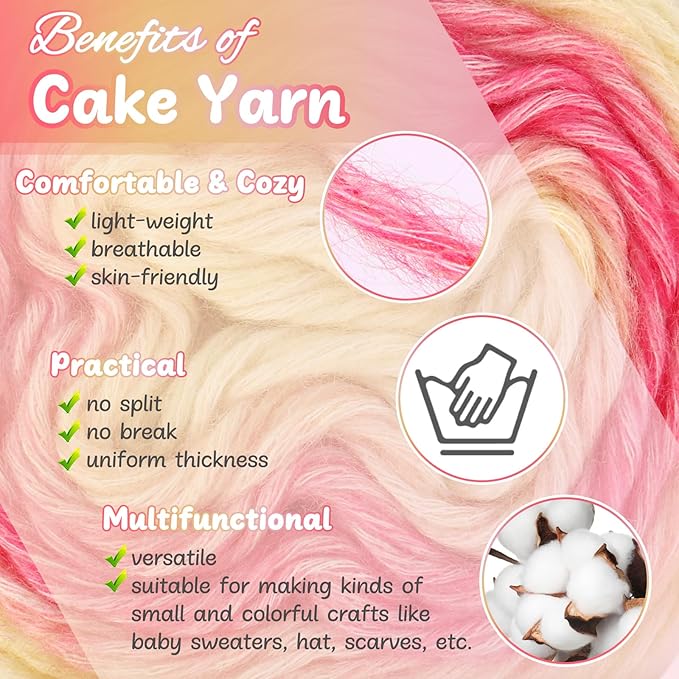 Aeelike Ombré Yarn for Crocheting, 3 Skeins Gradient Cake Yarn 100g (3.52 oz) 245m (267 Yards) # 3 Light Weight - Soft Yarns with Vibrant Colors for Making Blanket Scarves, Pink Yellow Gradient