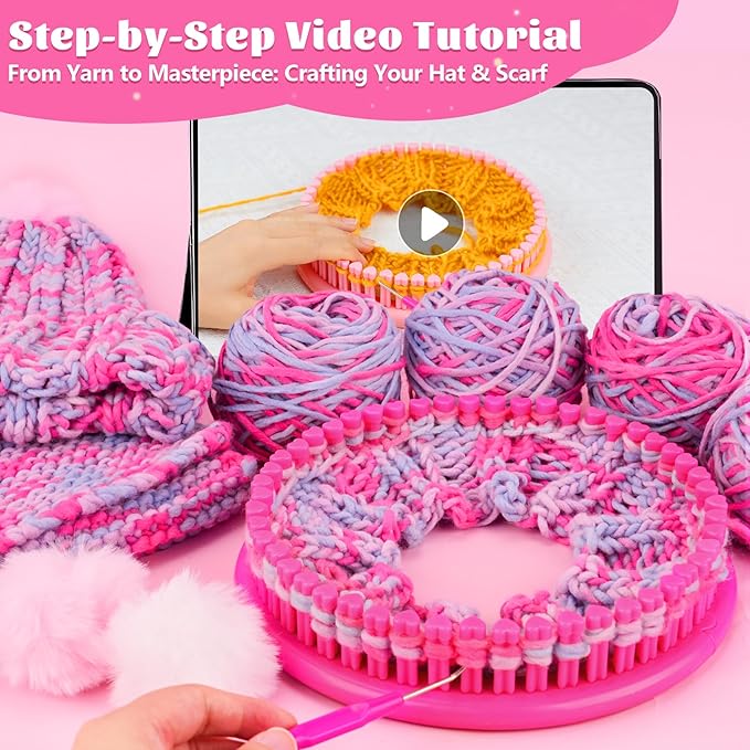 PREBOX Knitting Loom Craft Kit for Kids & Beginners - Create Hat & Scraf with Yarn, Hook Needle, Ideal Birthday Christmas Gifts for Teens Girls Age 6-8 8-12 14+, Rose Loom
