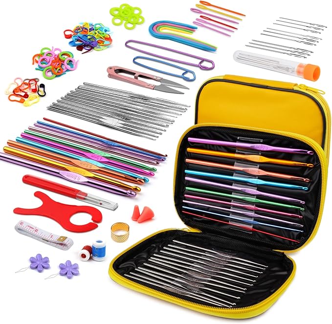 IMZAY 110 Pcs Crochet Hooks Set, Crochet Needles Set, Crochet Hooks Kit with Storage Case, Ergonomic Knitting Needles Stitch Marker DIY Hand Knitting Craft Art Tools for Beginners, Yellow