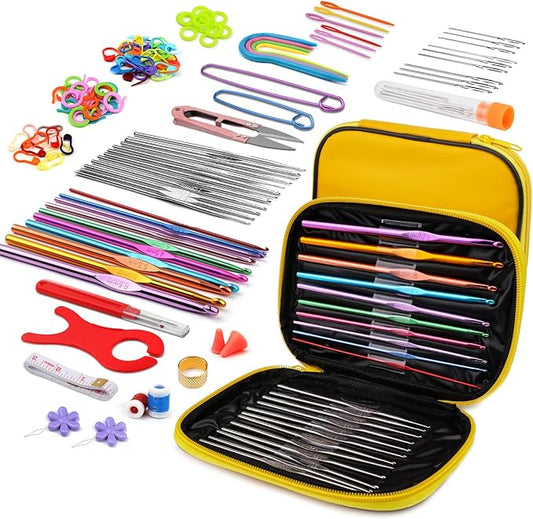 IMZAY 110 Pcs Crochet Hooks Set, Crochet Needles Set, Crochet Hooks Kit with Storage Case, Ergonomic Knitting Needles Stitch Marker DIY Hand Knitting Craft Art Tools for Beginners, Yellow