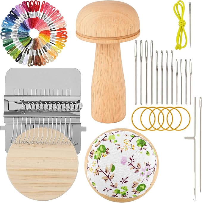 PHOXPH Mini Darning Loom Kit, Mushroom Knit Patch Kit, PatchMaker Mending Tool with 50 Colors Yarn, 14 Hooks, Weaving Loom for Socks, Jeans & Sweaters, Clothes Repair, Fixing Kit for Beginners