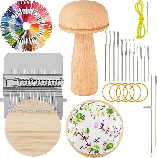 PHOXPH Mini Darning Loom Kit, Mushroom Knit Patch Kit, PatchMaker Mending Tool with 50 Colors Yarn, 14 Hooks, Weaving Loom for Socks, Jeans & Sweaters, Clothes Repair, Fixing Kit for Beginners
