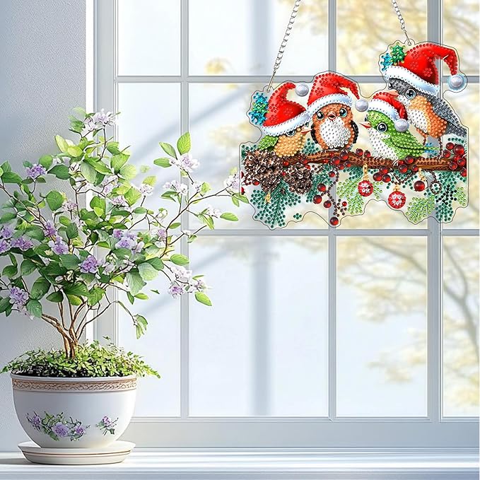 QENSPE DIY Hanging Diamond Painting Pendant Kit Berries,Christmas Birds Diamond Art Ornament Kit Acrylic Board for Window,Easy Crystal Pendant Gem Art for Home Garden Wall Decor,20x20cm