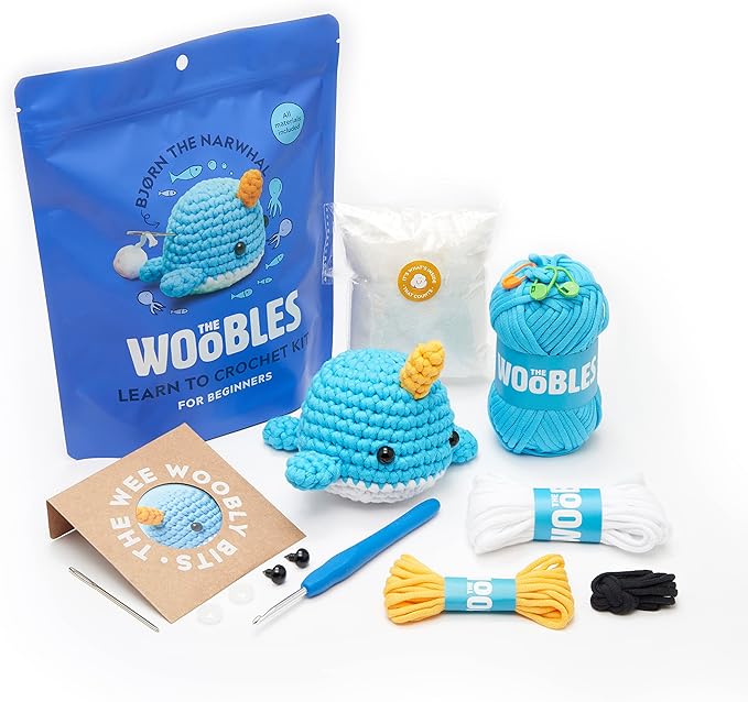 the woobles crochet kit for beginners - easy arts and crafts knitting & crochet animals kit as seen on shark tank - bjørn the narwhal