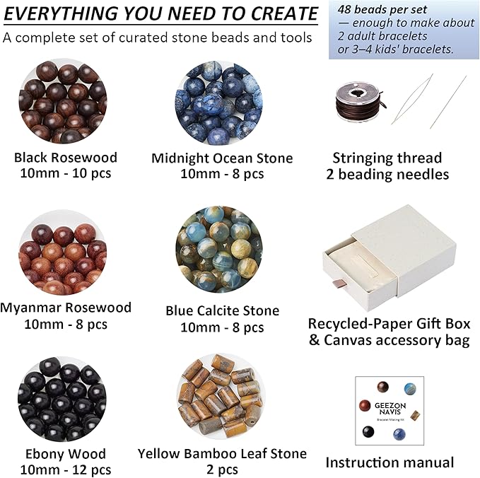 Geezon Navis Bracelet Making Kit - 10mm Natural Stone Beads with Wooden Beads - 48pcs Multicolor - DIY Jewelry Making Starter Kit Adult Men Women Birthday Gift Craft (48, Color B)