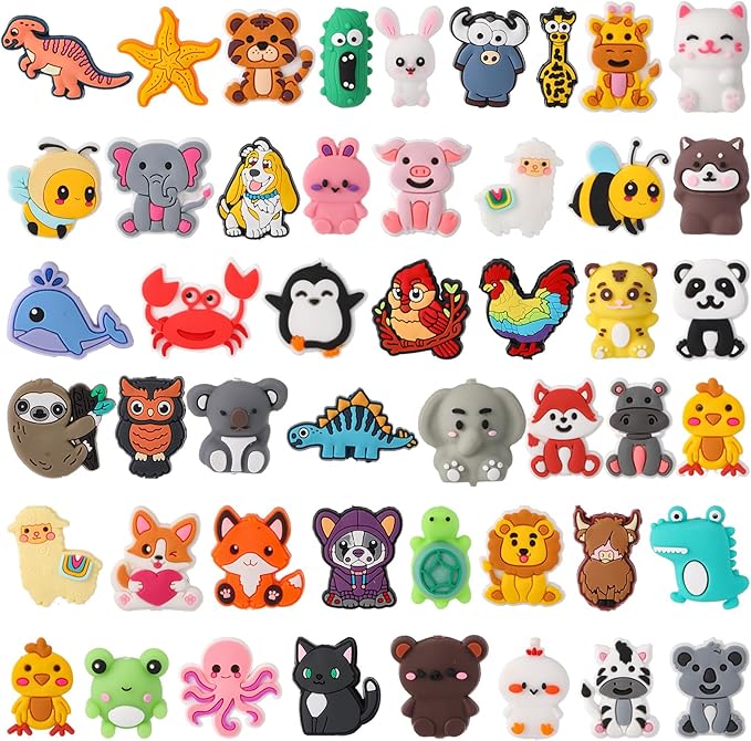 VioraWhite 48 Pcs Animals Silicone Focal Beads for Beaded Pens Animals Silicone Beads Charm Keychain Lanyard Kit for Beadable Items Keychains Bracelet Necklace DIY Jewelry Making