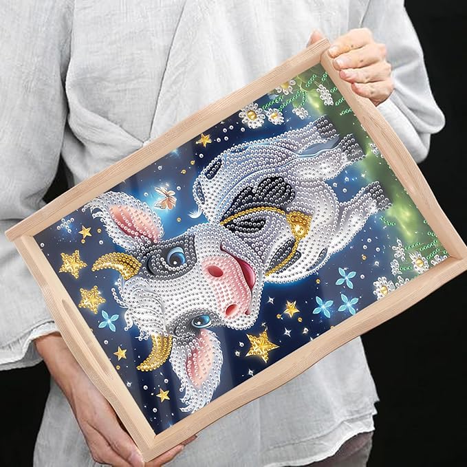 DIY Diamond Art Tray with Handle Diamond Art Painting Plate Creative Design Handmade Wooden Tray Mosaic Making Kits by Number Kits Diamond Art for Coffee Living Room Home Organizer (Milk Cow)