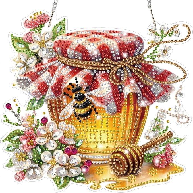 Bowetile Garden Bees Diamond Art Hanging Kits for Adults, Diamond Art Suncatchers Honey Jar, 5D Special Shape Diamond Painting Bee Pendant Window Ornament Gifts for Home Wall Door Garden Decor