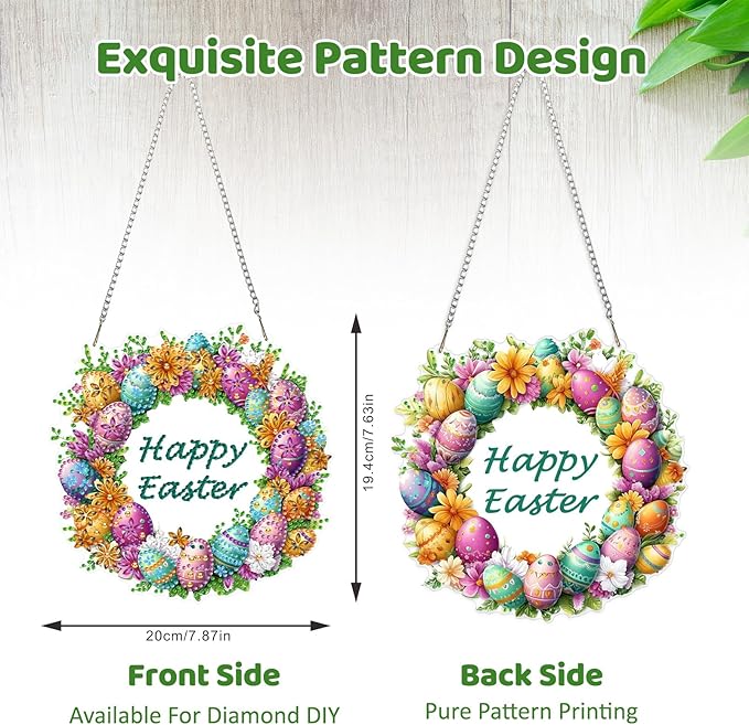 MEIYUDA Easter Egg Diamond Art Hanging Kits for Adult, Happy Easter Diamond Painting Hanging Kits Ornaments, DIY Special Shaped Rhinestone Window Pendant for Home Garden Wall Decor Gift