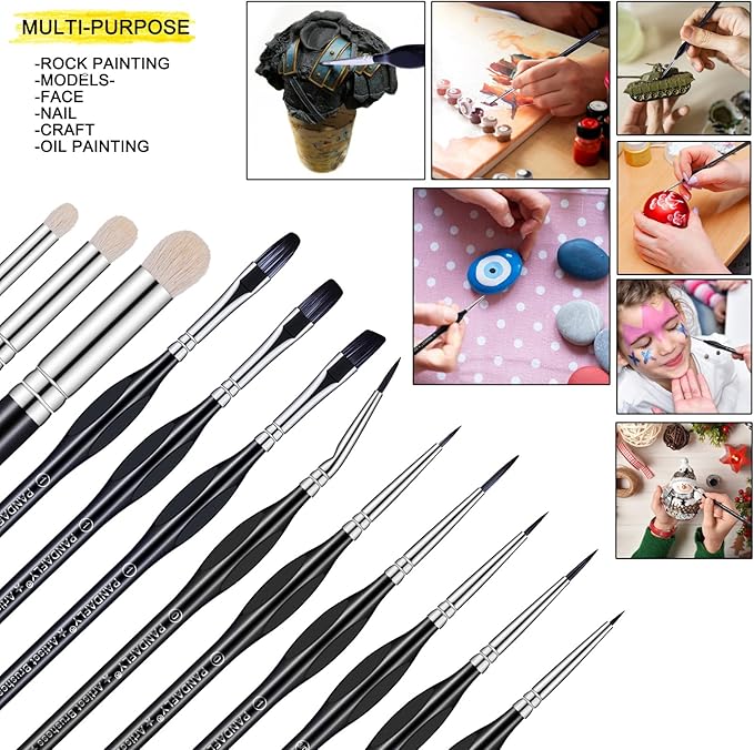 PANDAFLY Miniature Paint Brushes Drybrush Set, 12 Sizes Detail Paint Brush Set, Small Fine Detail Brushes for Acrylic, Watercolors, Oil, Paint by Number, Figurine