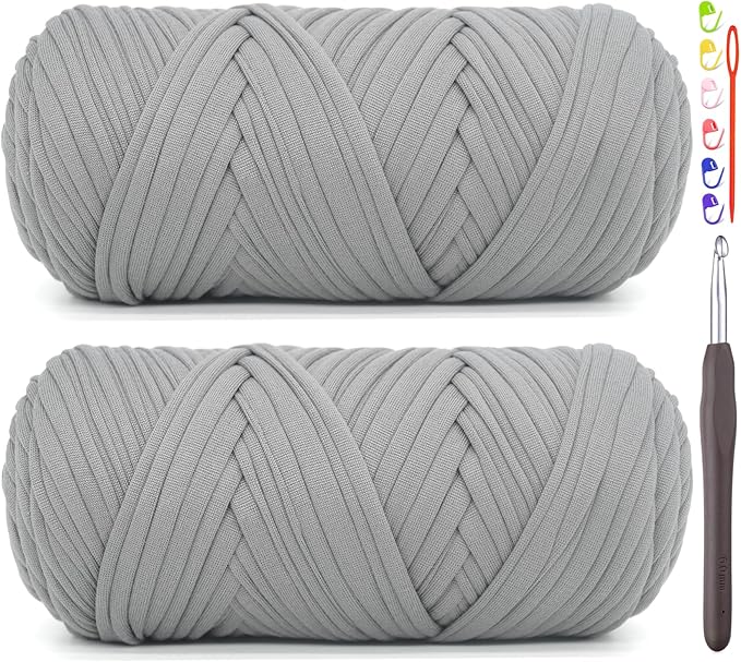 2 Pack Tshirt Yarn for Crocheting,Grey T Shirt Chunky Elastic Fabric Thick T-Shirt Crochet Yarn for Beginners Crocheting Hand Knitting Bag/Basket/Coasters/DIY Crafts/Home Decor 2 * 200G(Grey