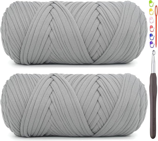 2 Pack Tshirt Yarn for Crocheting,Grey T Shirt Chunky Elastic Fabric Thick T-Shirt Crochet Yarn for Beginners Crocheting Hand Knitting Bag/Basket/Coasters/DIY Crafts/Home Decor 2 * 200G(Grey