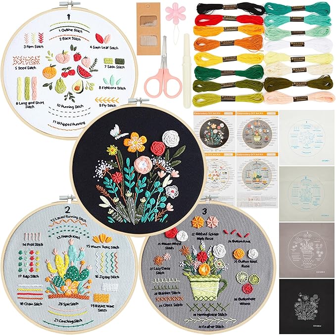 useamie 4 pack embroidery kit, adult cross stitch kit, suitable for embroidery beginners, with printed embroidery patterns, 7.9 inch embroidery hoop, complete with embroidery thread and needle tools