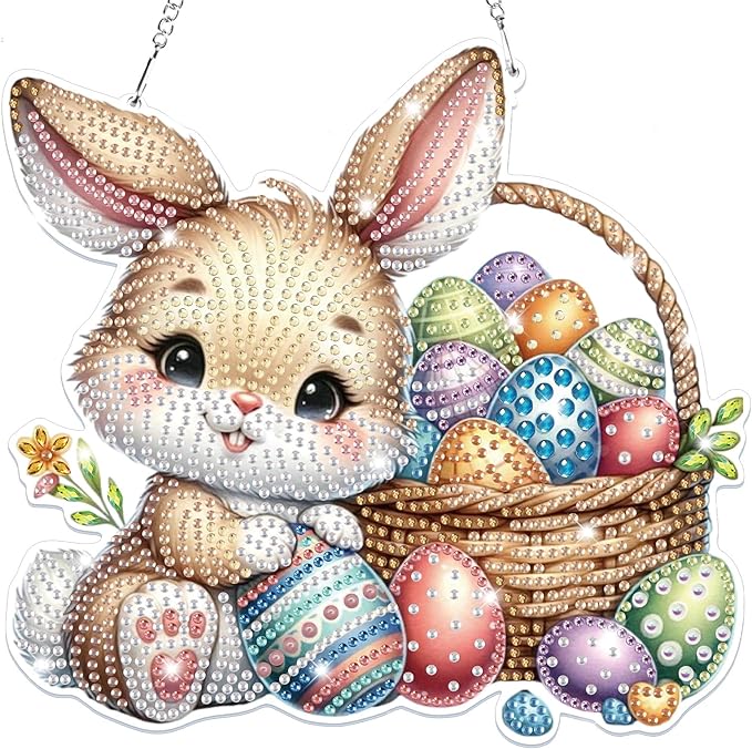Bowetile Easter Hanging Diamond Art Kits for Adults Kids, 5D Special Shape Diamond Painting Rabbit Kits, Easter Diamond Gem Art Suncatchers Painting Pendant Home Decor, Gifts for Kids