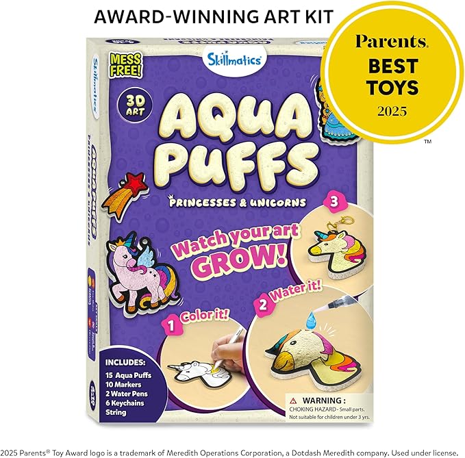 skillmatics 3d art kit - aqua puffs princesses & unicorns, mess-free paint by number craft for kids, diy color & inflate activity, travel & creative gift for girls & boys ages 4, 5, 6, 7, 8, 9, 10