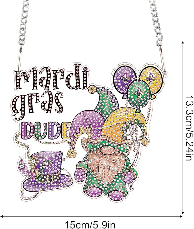 5D DIY Diamond Painting Mardi Gras Gnome Hanging Pendant – Acrylic Special Shaped Rhinestone Kit, Window or Wall Ornament for Festival Home Decoration and Gift