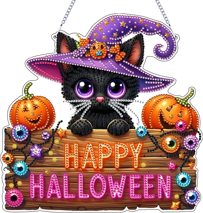 VODAPYC Halloween Diamond Art Hanging Kits for Adults, Double Sided DIY Special Shaped Diamonds Art Window Pendant Ornament for Home Decor(Black Cat)