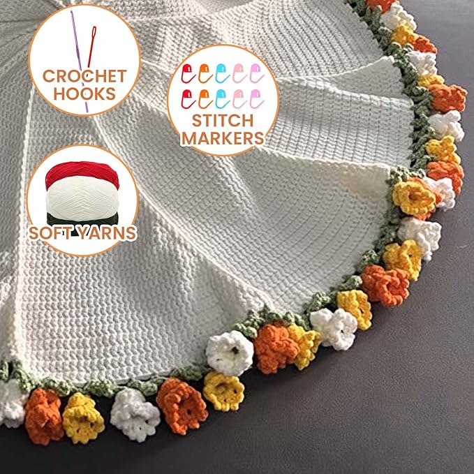 THMINS Beginner Crochet Kit – DIY Floral Blanket with Hook, Pattern & Step-by-Step Video Tutorial, Easy Craft Gift for Women, Christmas/Birthday (LightYellow)