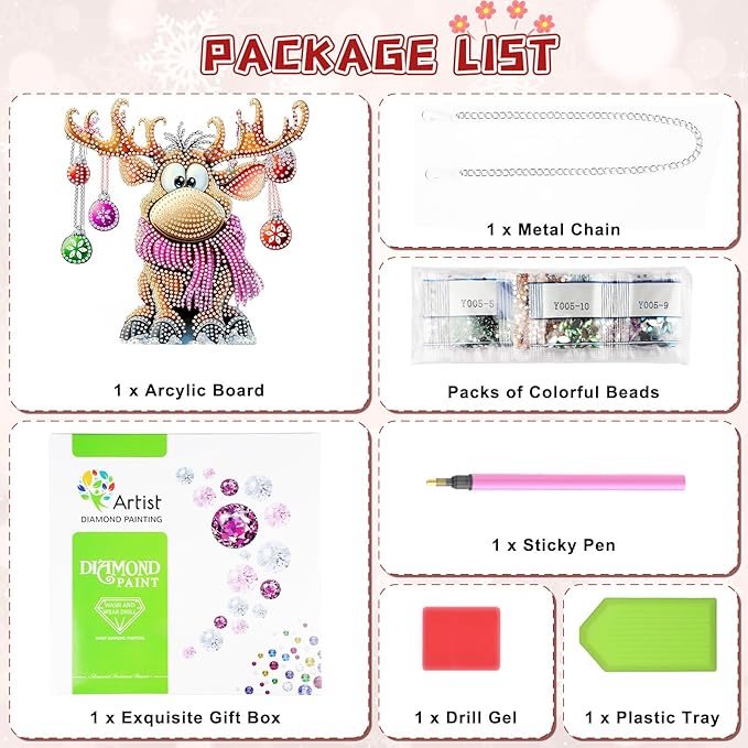 KEYIFA Christmas Diamond Painting Kit, DIY Reindeer Diamond Art for Adults, Diamonds Painting Pendant Special Shaped Rhinestone Window Hanging Ornaments Home Garden Wall Door Decoration, 20cm Width
