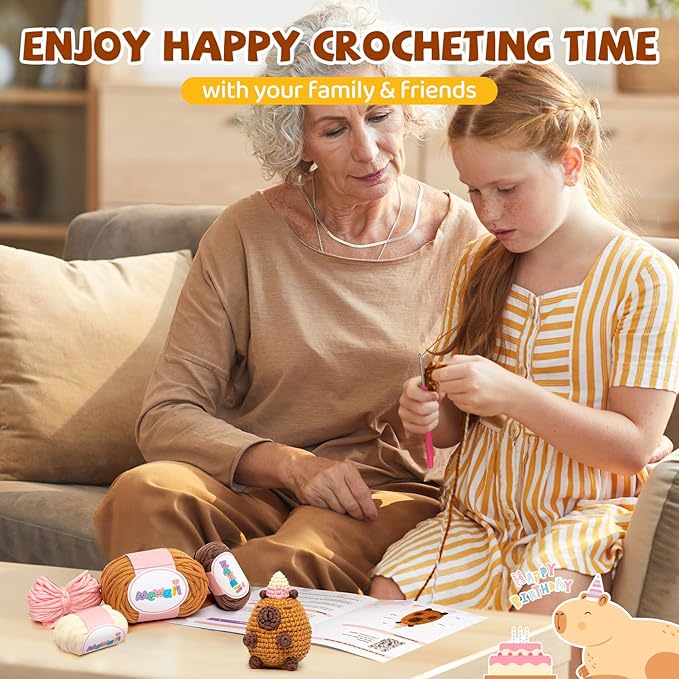 Mewaii Crochet Kit for Beginners Level 1 with 40% Extra Eco-Friendly Pre-Started Easy Yarn, Step-by-Step Video Tutorials for Adults and Kids (Happybara)