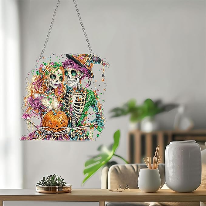 Bimkole Skull Diamond Art Hanging Kit for Adult, DIY 5D Diamond Art Halloween Window Pendant, Acrylic Crystal Art Hanging Ornament Home Wall Garden Front Door Sign Outdoor Decor 7.8x7.8 Inch
