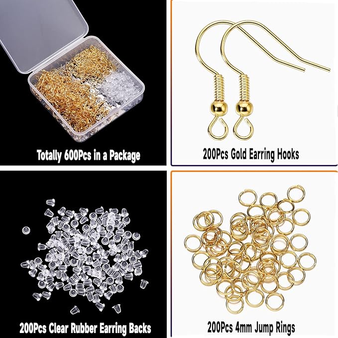 600Pcs Hypoallergenic Earring Hooks, Gold Earring Making Kit, with Earring Backs and Jump Rings for Jewelry Making (Gold)