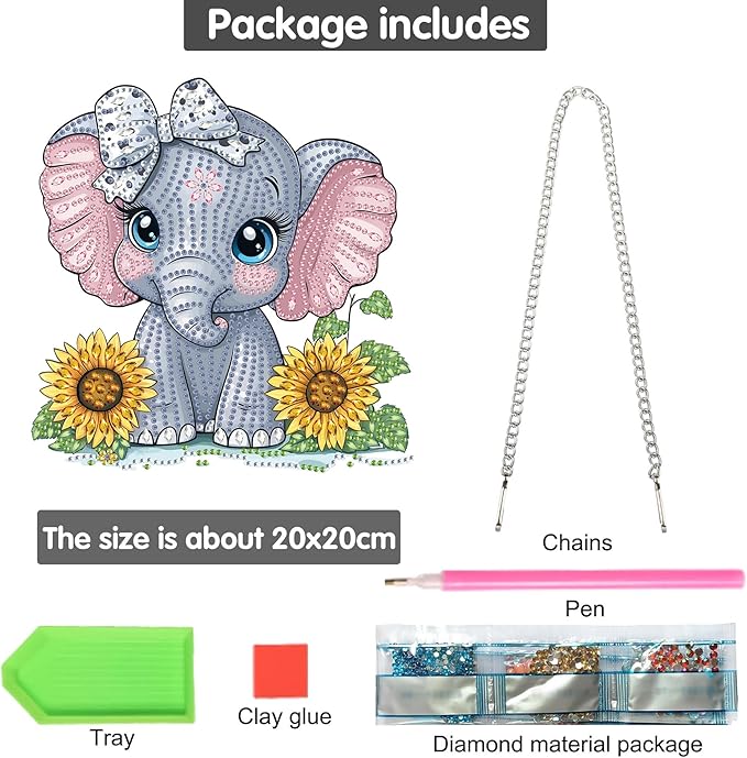 Bimkole Elephant Diamond Art Hanging Kit for Adult, DIY 5D Sunflowers Diamond Art Painting Window Pendant, Acrylic Crystal Art Hanging Ornament for Wall Home Garden Front Door Decor - 7.8x7.8 Inch