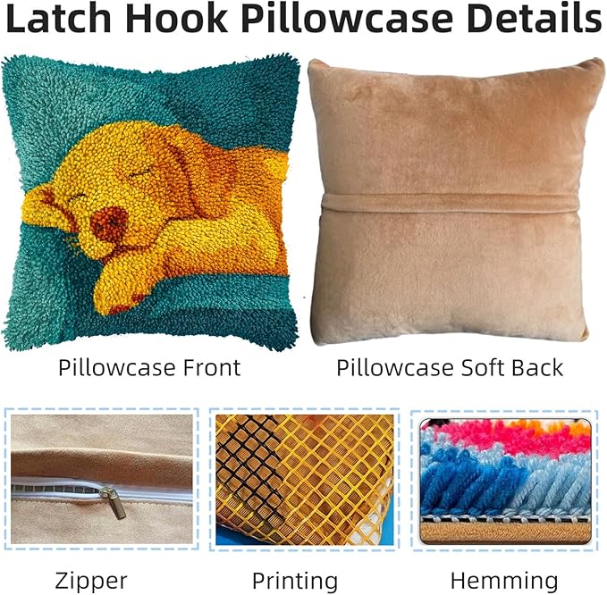 DIY Latch Hook Pillow Kits for Adults Sleeping Golden Retriever Puppy on Sofa Printed Pillowcase Crochet Yarns Hooking Handmade Pillow Cover Cushion for Home Sofa Decor 17x17inch(3)