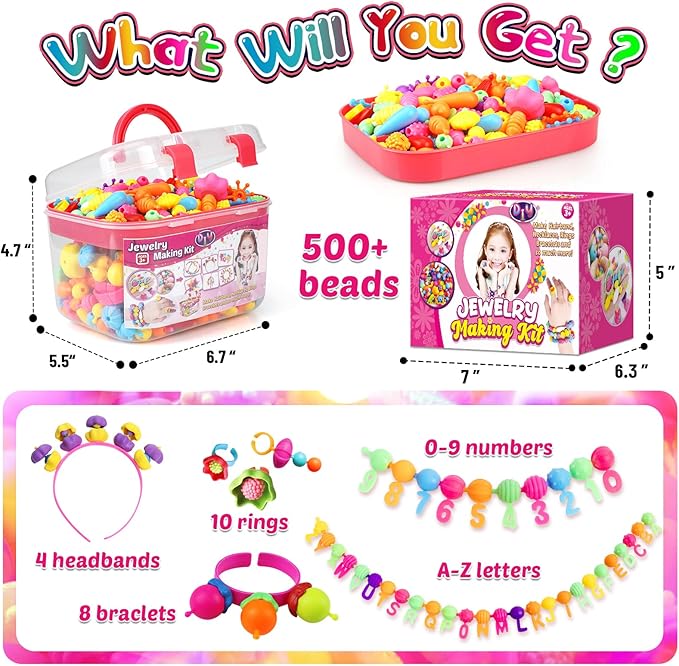 funzbo 520+ snap pop beads - jewelry making kit for kids, arts and crafts for kids ages 4-8, toys for 3 4 5 6 years old girls valentines day birthday gifts ideas, bracelet necklace ring set for girls