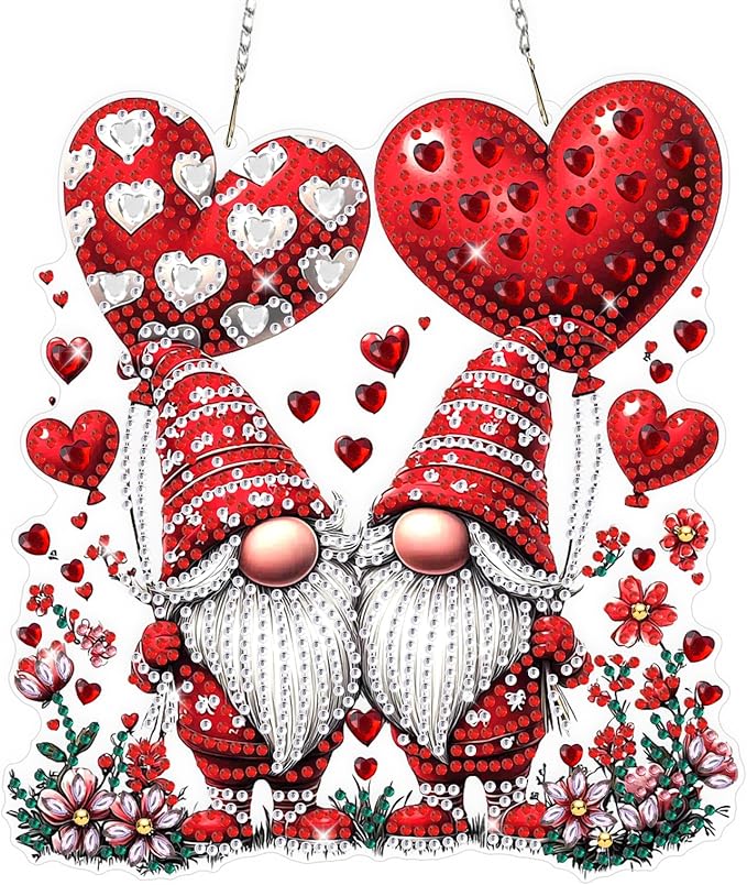 Valentine's Day Diamond Art Hanging Ornaments Kits for Adults, Gnome Diamond Painting Pendant Kits, DIY Acrylic 5D Special Shaped Crystal Gem Art Painting Ornament for Home Wall Decor Gift 8x8 Inch