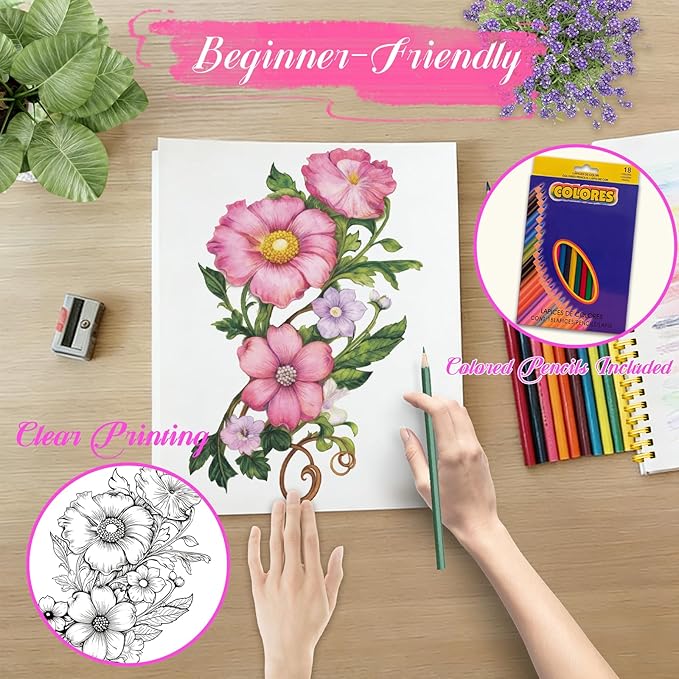 Beautiful Adult Coloring Book Set with 18-Color Pencil Set - Coloring Books for Adults Relaxation Adult Coloring Book for Women Gifts.Elegant Art Style with 35 Patterns.