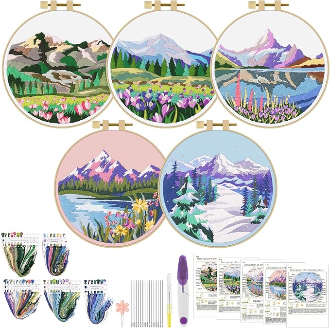 ERKOON Embroidery Kit for Beginners, 5 Sets Flower Cross Stitch Set for Adults Include Embroidery Cloth Hoops Threads for Craft Lover Hand Stitch with Skill Techniques (Landscape)