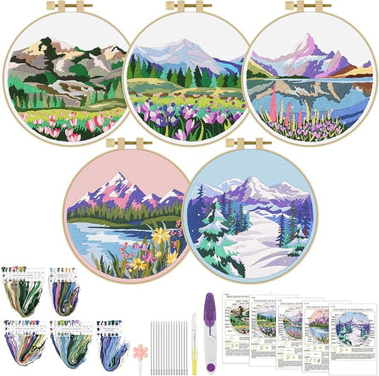 ERKOON Embroidery Kit for Beginners, 5 Sets Flower Cross Stitch Set for Adults Include Embroidery Cloth Hoops Threads for Craft Lover Hand Stitch with Skill Techniques (Landscape)