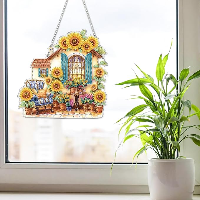 NAIMOER Diamond Art Hanging Kits for Adults, Sunflower House Diamond Art Suncatchers, 5D Special Shape Fall Diamond Painting Pendant Window Ornament Gifts for Home Garden Door Wall Decor