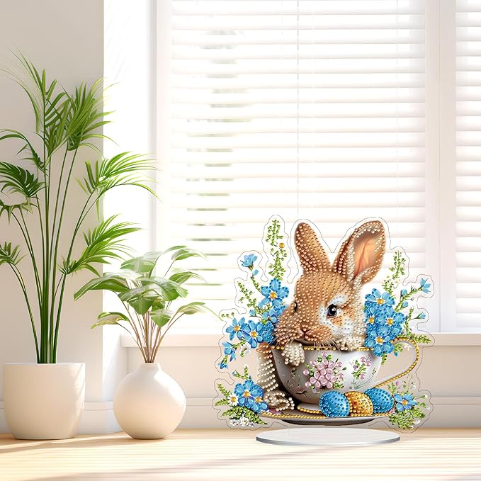 TOSTOG Rabbit Teacup Tabletop Diamond Art Kits for Adult, Desktop Diamond Painting for Beginners, 5D DIY Stand Up Crafts Gem Art, Waterproof Full Accessories for Home Decor Idea 20 * 20 cm/8 * 8 in