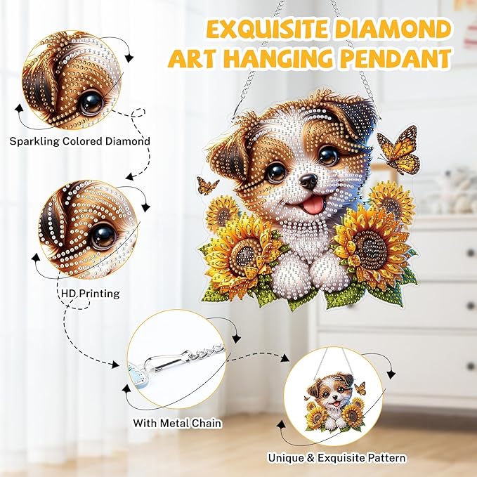 Bowetile Dog Diamond Art Hanging Kits for Adults, 5D Special Shape Diamond Painting Sunflowers Pendant Kits, Animal Gem Art Suncatchers Painting Window Ornament for Home Garden Wall Decor