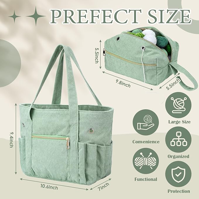 Bulyoou 2 Pcs Crochet Bag and Tote Set Corduroy Yarn Bag Crochet Tote Bag for Crochet Hooks Organizer Yarn Holder for Crochet Lovers Knitting Bag Crochet Accessories(Green)